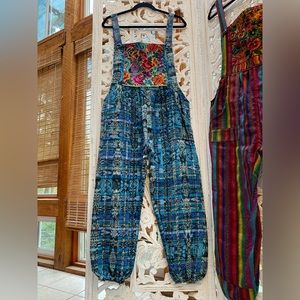 Embroidered Boho Patchwork Overalls – Blue & Green Floral Plaid Jumpsuit – Mediu